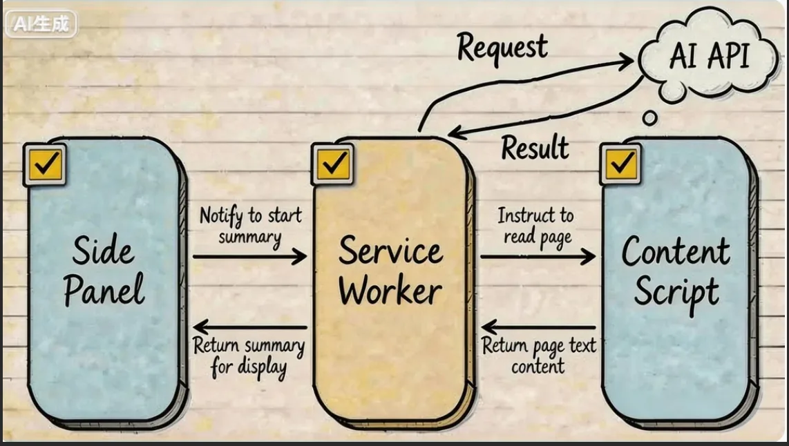 placeholder: 一张架构流程图,展示 Content Script、Service Worker、Side Panel 之间的消息传递关系