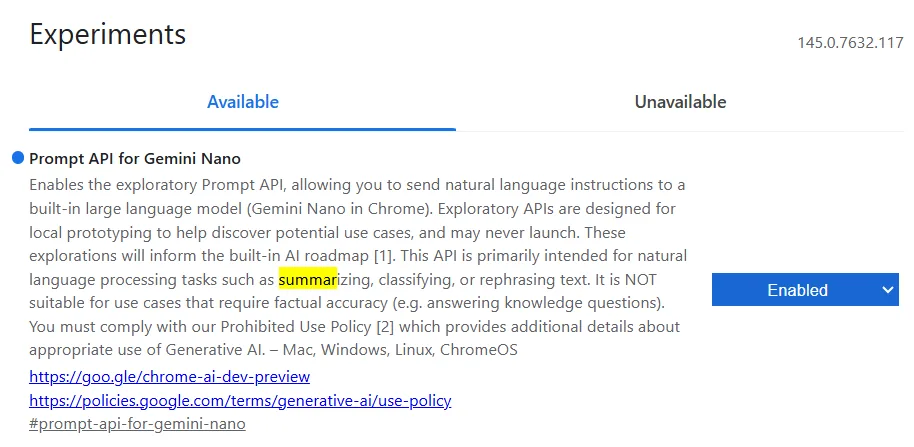 placeholder: chrome://flags 页面截图,展示 Summarization API 的开关位置