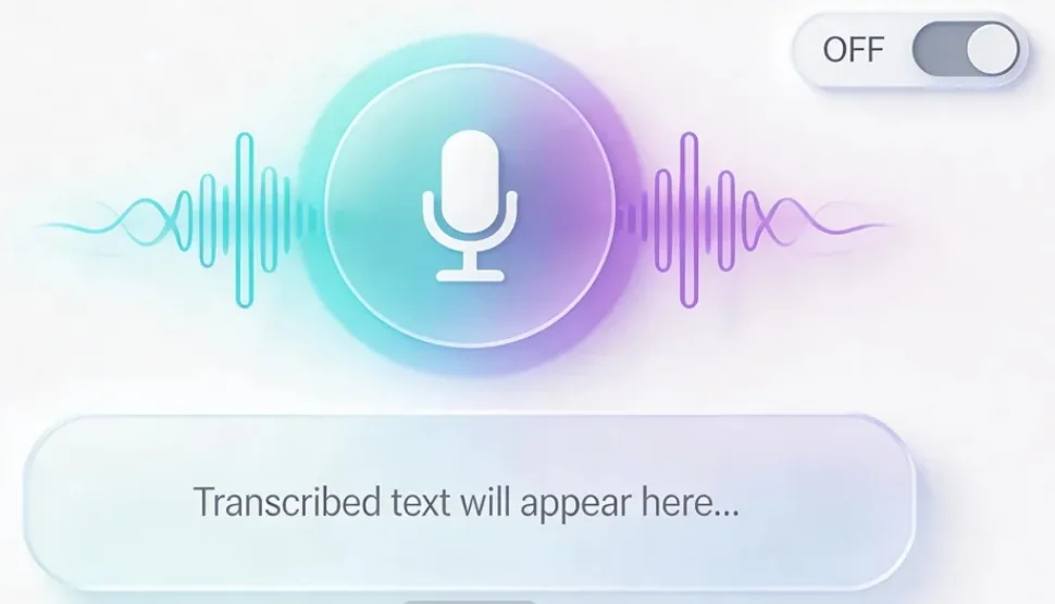 placeholder: 一张应用效果预览图，展示语音转文字应用的 UI：顶部有录音按钮和波形动画，下方是识别出的文字，右上角有模式切换开关