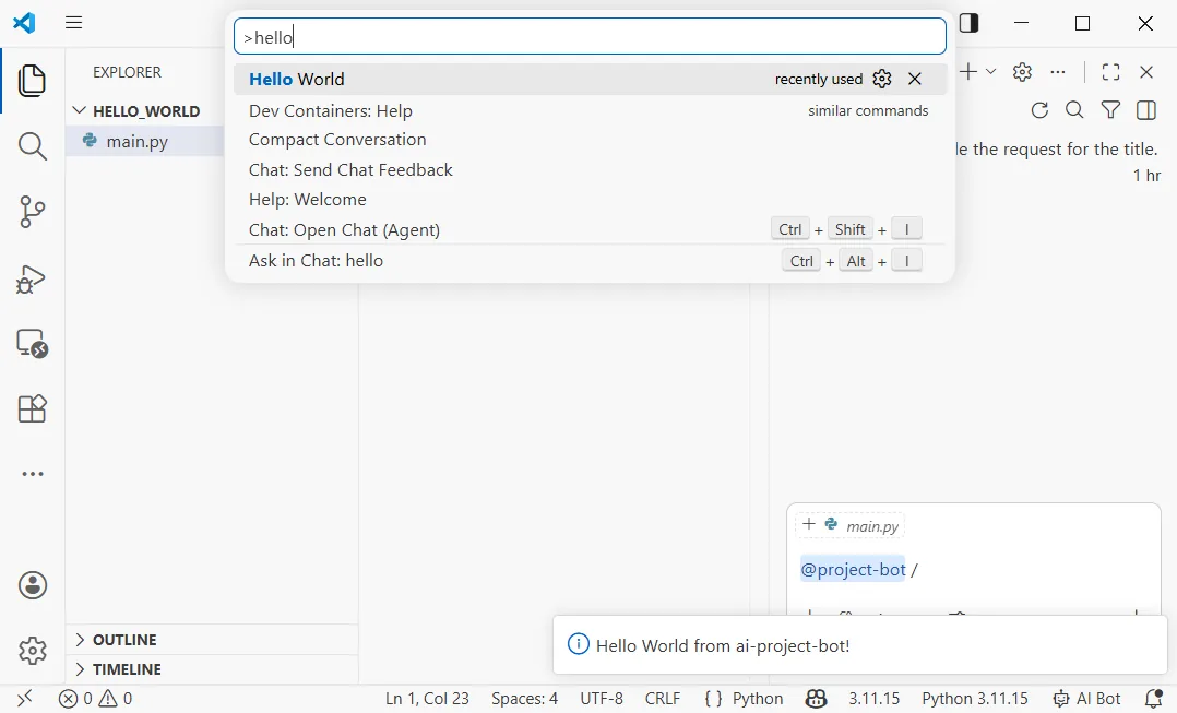 VS Code 调试插件的截图，展示 Extension Development Host 窗口和 Hello World 消息